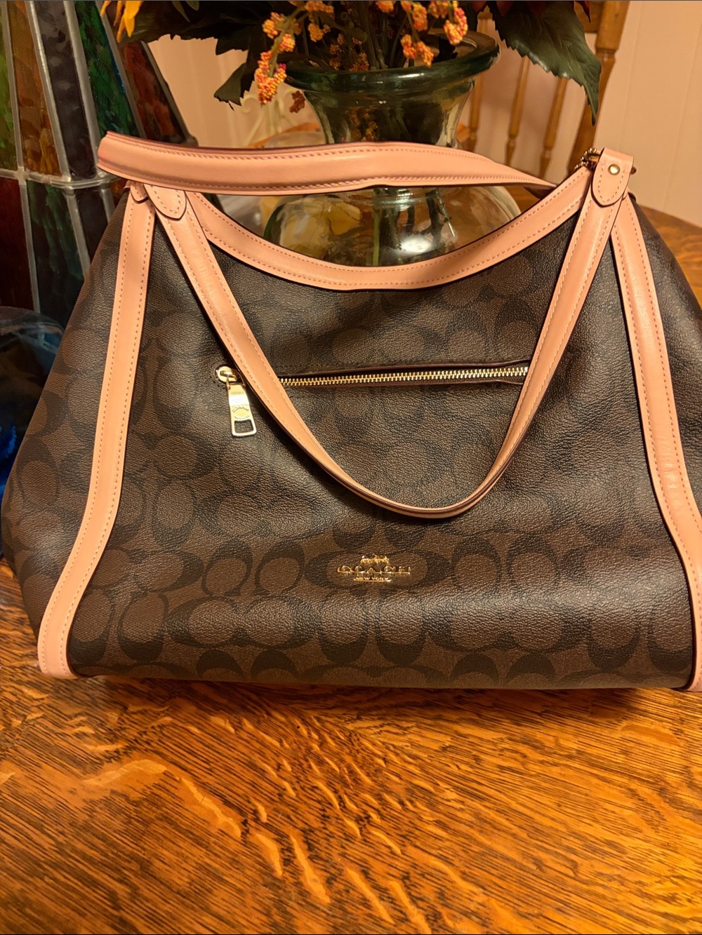 Coach Brown Signature Canvas Shoulder Bag with Pink Trim